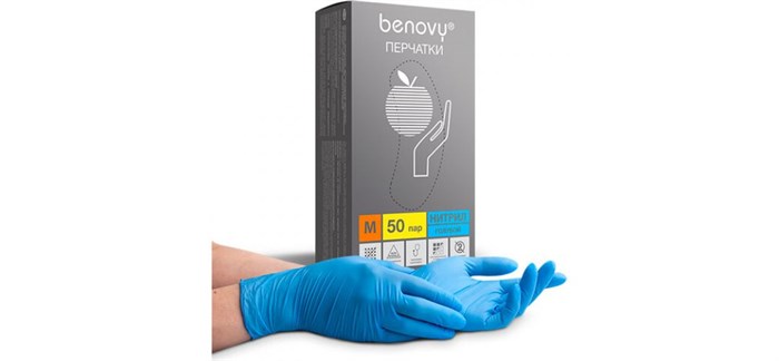 Перчатки BENOVY СИНИЕ (100шт) 100% нитрил размер М (бенови) 1/10 в кор НДС НФ-00024876