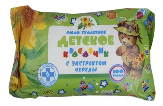 {{photo.Alt || photo.Description || 'Мыло туалетное фасов. 100гр Детское с чередой в индив. упак  (66шт/кор) Меридиан'}}